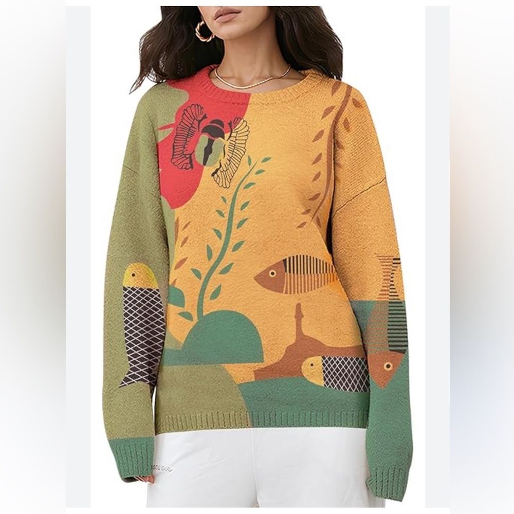 Womens Wool Blend Sweater Nautical Graphic Oversized Pullover